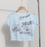 Vintage Wood Ear-Print Letter-Printing Mesh T-Shirt Summer Thin Short-Navel Blouse