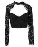 Sexy Lace Patchwork Tops Long Sleeve Push Up Padded Bra Sexy Crop Tops Ladies Lace T-Shirt Tops Slim Tops
