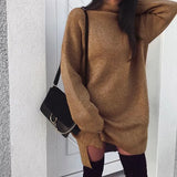 Loose Solid Long Slevee Women's Split Dress 2021 Autumn Winter Fashion Turtleneck Elegant Lady Mid-length Dress Plus