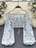Summer French Style Print Short Blouse 2023 Long Sleeves Elastic Beach Top Women Fashion Backless Ruched Floral