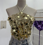 Heavy Industry Bling Bling Glide Hanging Neck Sling Vest One-Style Wrapping Tie With Large Bare Back Blouse