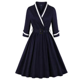 4XL Elegant Party Dress Vintage Wrap Belted Pleated Dress 2021 Autumn Cotton Tunic 3/4 Sleeve Office Lady Women