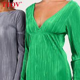 Fashion Blue Pleated Dresses For Women 2022 Autumn Open Back Long Sleeve Dresses Elegant Pencil Midi Dress Female