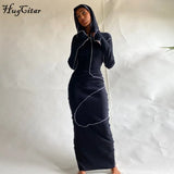 Long Sleeve Hooded Patchwork Skinny Maxi Dress Autumn Winter Women Fashion Streetwear Casual