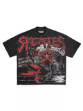 New Skull Print Mode Short-Sleeved Round-Collar Street Wash Hip-Hop Fashion Brand Retro Loose