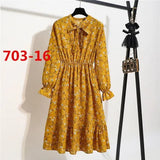 Women Casual Summer Dress Lady Korean Style Vintage Floral Printed Chiffon Shirt Dress Long Sleeve Bow Midi Summer Dress