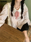 Sweet Preppy Fashion Lace Patchwork T-shirts Vintage Striped All Match Loose Tops Women Y2k Aesthetic Bow Japanese