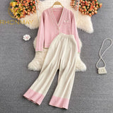 Women Suit New Temperament Knitted Cardigan Sweater Coat + Wide Leg Pants Casual Sweet V-neck Two Piece Suit Plaid