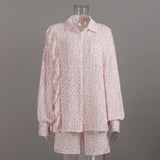 Zingj Set Heart-Shaped Print Stitching Wood Ear Long Sleeve Shirt Shorts Set Pure Cotton
