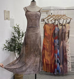 Sexy Tie-Dye Print Dress Waist Folded Folded Black Back Mesh Slings Long Skirt
