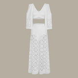 2025 New Solid Color Split Beach Pants Set Sexy Net Eye Hollow High Waist Vacation
