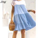 vintage mini casual dresses for women 2022 Color block loose dress womens Cut And Sew Ruffle Hem Smock dress