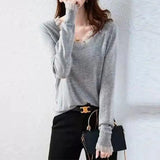 Winter V-neck Mesh Patchwork Elegant Fashion Sweater Ladies Loose Casual All-match Knitting Pullover Female Sweet