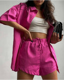 Wear Women's Home Clothes Stripe Long Sleeve Shirt Tops and Loose High Waisted Mini Shorts Two Piece Set