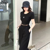 Women Crop T-shirts Short Sleeve Letter Wide Leg Pants Fashion Chic Ulzzang Summer Thin Streetwear Harajuku Girls