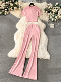 2024 Y2k Women Sets Short Skinny Crop Tops+Long Flare Pants Simple Style Fashion Streetwear Casual Two Pieces