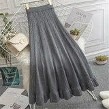 Women Knitted Ribbed Pleated Midi Skirts Solid Warm A-Line Skirt Female 2021 Winter Autumn Trendy Elegant Ladies Bottoms