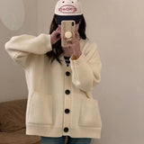 Zingj New Retro Lazy Wind V-Neck Cardigan Female Wide Soft Waxy Pure Color Sweater Coat Female-Outfit