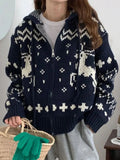 Jacquard Knit Zipper Hooded Sweater- Outfit