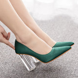 Cm Crystal Transparent Square Heel Pointy Shoes Bridal Shoes Silk Satin Dress Dress Shoes Wedding Women's