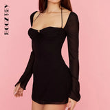 Elegant White Hollow Out Halter Dresses For Women 2022 Sexy Chiffon Solid Long Sleeve Mesh Mini Dress Club Party