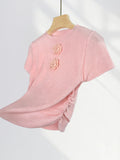 Zingj Little Sister Pinch Waist Pink Knit Short Sleeve T Shirt Female Shoulder Slim Short Three-Dimensional Rose Shirt