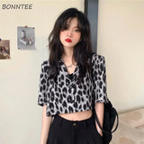 Women Leopard Chiffon Female Turn-down Collar Sexy Streetwear Fashion Casual Crop Top Short Sleeve Popular All-match