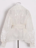 Retro Palace Style Top Autumn 2025 New Organza Lapel Lantern Sleeve Lace Printed Shirt