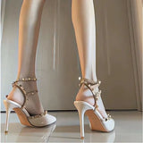 Fine Heel Shoes 2025 New Three-Ring Rivet Shallow Single Shoe Buckle Wearing Anti-Slip Work