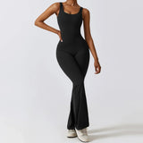 Hollow Backless Scrunch Gym Flare Jumpsuit Sport Leisure Women 1 Piece Clothing Yoga Dance Jump Suit Black Fitness