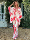 Pink Boho Print V-neck 3/4 Sleeve Blouse Plus Size Tops Tunics Women Summer Clothing Beach Wear Swim Suit Cover Up