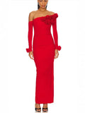 Women's Three-Dimensional Flower Design Folds Open Fork Solid Color Dress