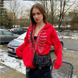 Korean Style Loose Skeleton Zip Up Hoodie Goth Grunge Long-Sleeved Hooded Jacket Retro Black Oversized Sweatshirt