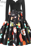 Women Winter Christmas Dress Vintage Santa Printed V-Neck Long Sleeve Swing Sexy Xmas Party Festival Dress