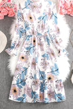 Women Casual Spring Autumn Dress Korean Style Vintage Floral Printed Shirt Dress Long Sleeve Elegant Bow Midi Summer