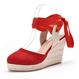 Round Head Water Table Slope Sandals Roman Strap High Heel Sandals Hollow Summer Grass Table Sandals
