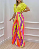Two Piece Set Women Fashion V-neck Bat Sleeve Top Printed Wide-leg Pants Suit Casual Two Piece Set