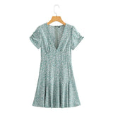 Zingj New Women's Dress With Deep V-Collar Print Dress With Short Sleeves, High Waist And Broken Flowers In