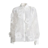 Retro Versatile Top Fall 2025 New Three-Dimensional Flower Embroidery Design Loose Mesh Perspective