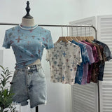 Real Shooting Retro Tie-Dye Double-Layer Mesh Half-High-Neck Short-Sleeved T-Shirt T-Shirt Short-Sleeved T-Shirted Woman