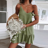 Spaghetti Strap Ruffle Dress Women Summer Dress Cotton Linen Vestidos Green Dresses Off Shoulder Sexy Mini