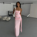 Strapless Pink Tie Up Mesh Midi Dress-Outfit