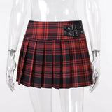 Style Punk JK School Belt Red Plaid Skirt Goth Vintage A Line Hight Wait Pleated Mini Skirts Harajuku Grunge Y2K