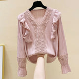 V-neck Women's Shirts Loose Vintage Long Sleeve Sweet Woman's Blouse Lace Stitching Flare Sleeve Solid Blouse Women