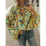 Women Print Blouses Casual Loose Tops Stand V Neck Long Sleeves Button Plus Size Pullover Female Tee Shirts