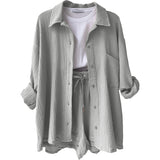 Women's Wrinkle Collar Long-Sleeved Shirt High-Waisted Rope Shorts Fashion Casual Two-Piece