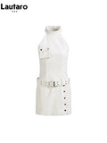 Spring Summer Sleeveless White Crocodile Print Faux Leather Halter Dress Women with Belt Retro Runway Fashion