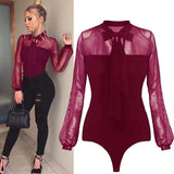 Bodysuits Long Sleeve Elegant O Neck Solid Lace Up Slim Skinny Ladies Sexy Club Party Fashion Leotard Rompers womens