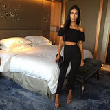 2020 Sexy Off Shoulder Slash Neck Women's Two Piece Suit Bodycon Ruffles Crop Tops High Waist Ladies Pants 2 Piece