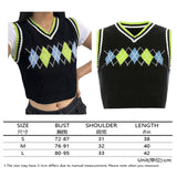 Sweater Vest Women Black Sleeveless Plaid Knitted Crop Sweaters Casual Autumn Preppy Style 2020 tops V Neck